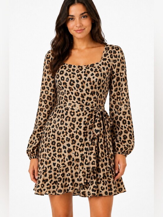 Express Dresses & Skirts - Express Leopard Print Long Sleeve Wrap Dress in Tan and Black